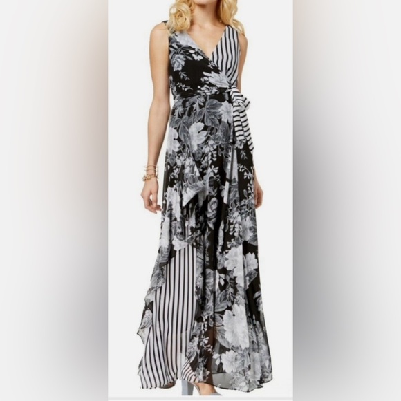 INC International Concepts Dresses & Skirts - INC Women's Black Floral Stripe Printed Ruffle-trim Maxi Dress